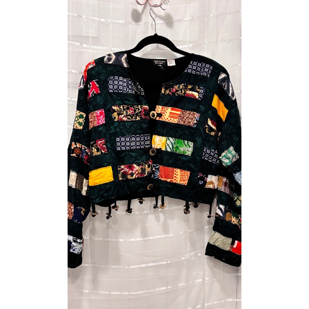 VTG Nativewear Designs Patchwork Cropped Jacket Green TieDye Coin Fringe Boho SM